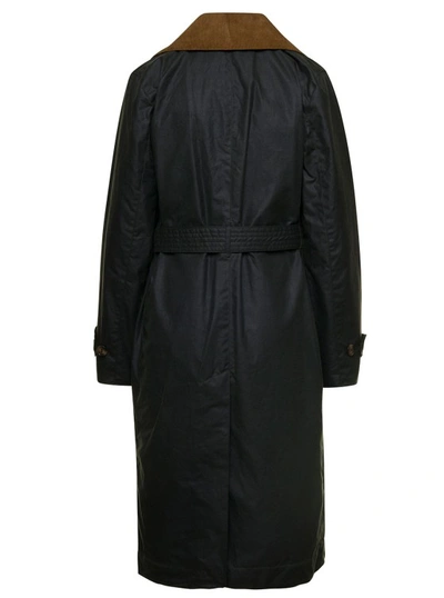 Shop Barbour Simone' Black Belted Trench Coat With Corduroy Revers In Waxed Cotton