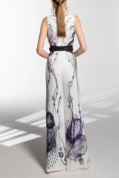 Shop Saiid Kobeisy Canton Crepe Flared, Printed Jumpsuit In White