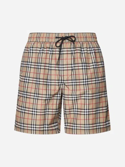 Shop Burberry Guildes Check Print Swim Shorts In Archive Beige