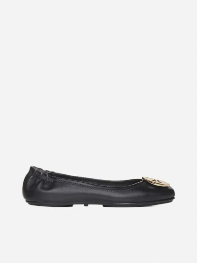 Shop Tory Burch Minnie Logo Leather Ballet Flats In Black