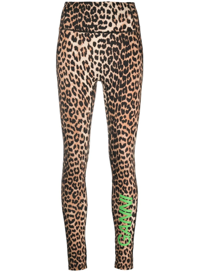Shop Ganni Leopard Print Logo Leggings In Animalier