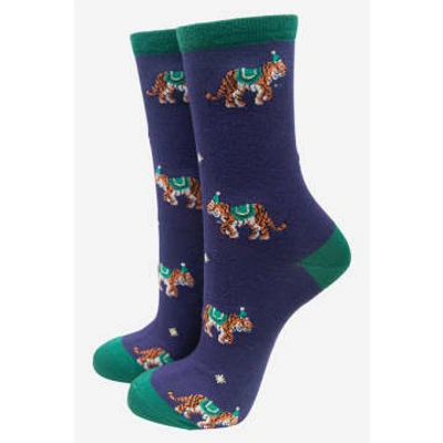 Shop Lark London Sock Talk Women's Bamboo Socks Tiger Print Party Animal Ankle Socks Navy Blue