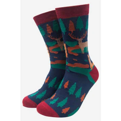 Shop Lark London Sock Talk Navy Blue Mens Forest Animal Print Bamboo Socks