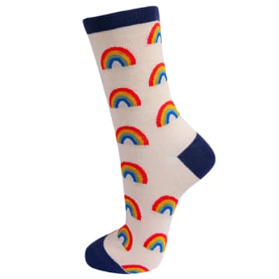 Shop Lark London Sock Talk Womens Rainbow Bamboo Socks Ankle Socks Cream Navy Blue In Neutrals