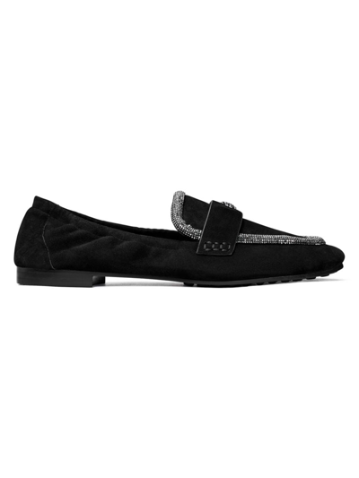 Shop Tory Burch Women's Crystal-embellished Suede Ballet Loafers In Black