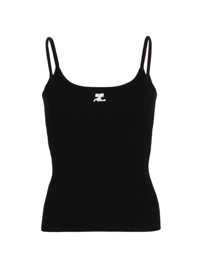 Courrèges Ribbed Spaghetti Strap Top With Elegant Logo Detail And Luxurious Fabric Blend In Black