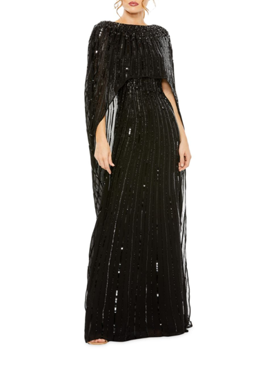 Shop Mac Duggal Women's Sequined Column Cape Gown In Black