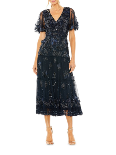 Shop Mac Duggal Women's Floral Embellished Tiered Midi-dress In Midnight
