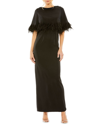 Shop Mac Duggal Women's Sating Feather-trimmed Cape Maxi Dress In Black