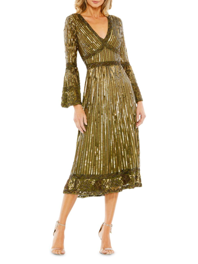 Shop Mac Duggal Women's Embellished Bell-sleeve A-line Dress In Light Olive