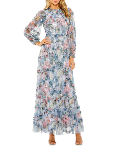 Shop Mac Duggal Women's Floral Chiffon Tiered Maxi Dress In Platinum Multi