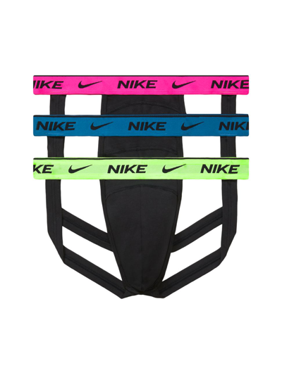 Shop Nike Men's 3-pack Dri-fit Essential Stretch Jockstrap Set In Black Green Blue Pink
