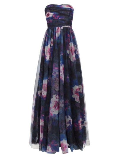 Shop Monique Lhuillier Women's Nataly Floral Tulle Strapless Gown In Midnight Orchid