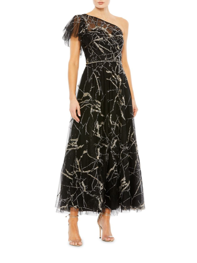 Shop Mac Duggal Women's Metallic Threaded One-shoulder A-line Dress In Black