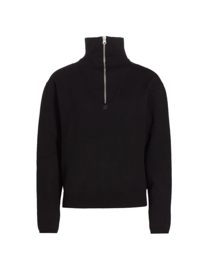 Shop Courrèges Women's Trucker Wool Quarter-zip Sweater In Black