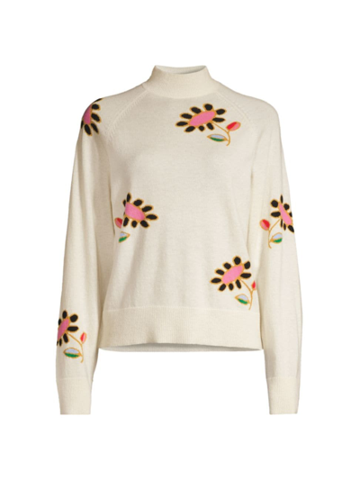 Shop Cynthia Rowley Women's Floral Intarsia Cashmere Sweater In White Multi