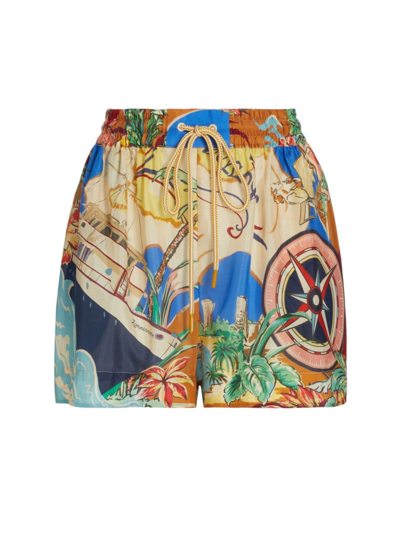 Shop Zimmermann Women's Alight Printed Silk Drawstring Shorts In Nautical Map