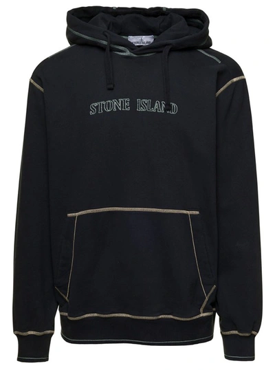 Shop Stone Island Black Hoodie With Contrasting Embroidered Logo In Cotton