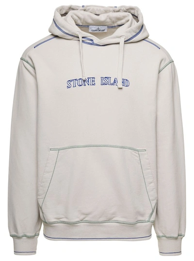 Shop Stone Island Grey Hoodie With Contrasting Logo Embroidery In Cotton