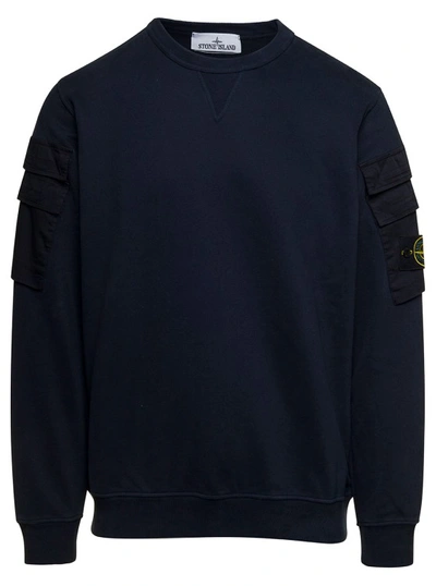 Shop Stone Island Blue Crewneck Sweatshirt With Pockets On Sleeves And Logo Patch In Cotton