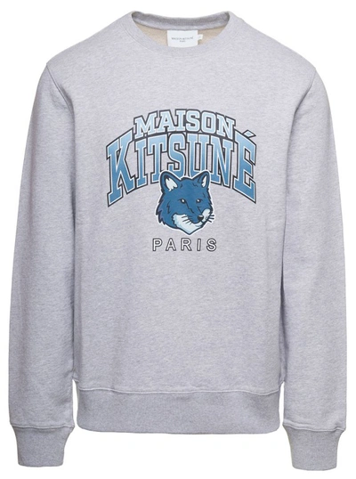 Shop Maison Kitsuné Crewneck Sweatshirt With College Logo Print In Grey Cotton