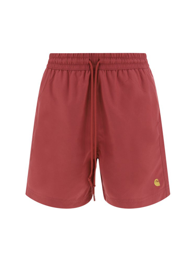 Shop Carhartt Wip Logo Embroidered Swim Trunks In Red