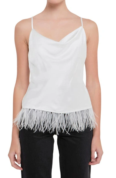 Shop Endless Rose Feather Hem Satin Camisole In White