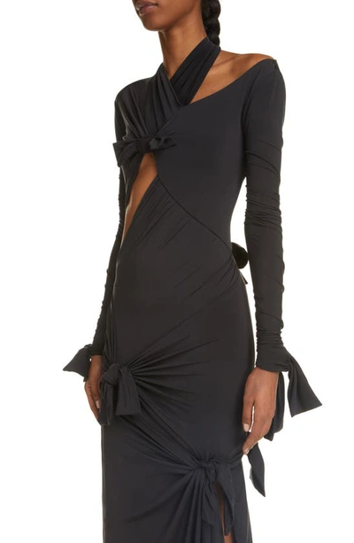Shop Balenciaga Knotted Cutout Long Sleeve Stretchy Jersey Gown In Black