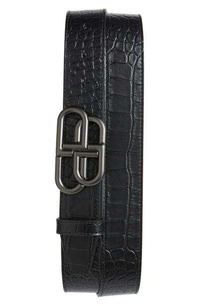 Shop Balenciaga Bb Logo Buckle Croc Embossed Leather Belt In Black