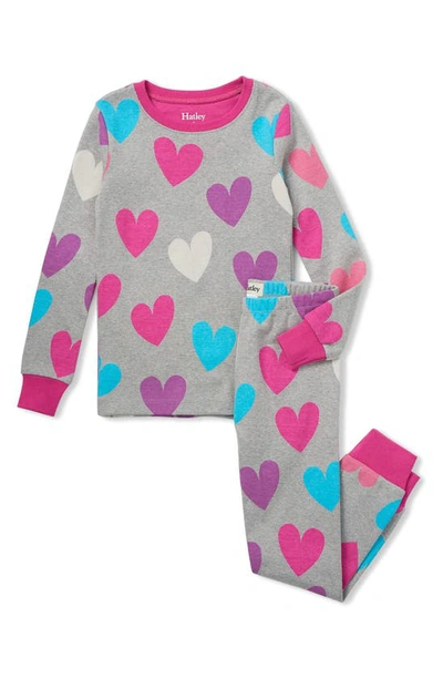 Shop Hatley Kids' Fun Hearts Fitted Two-piece Cotton Pajamas In Grey