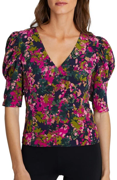 Shop Club Monaco Floral Print Puff Sleeve Silk Top In Pink Mix/ Rose