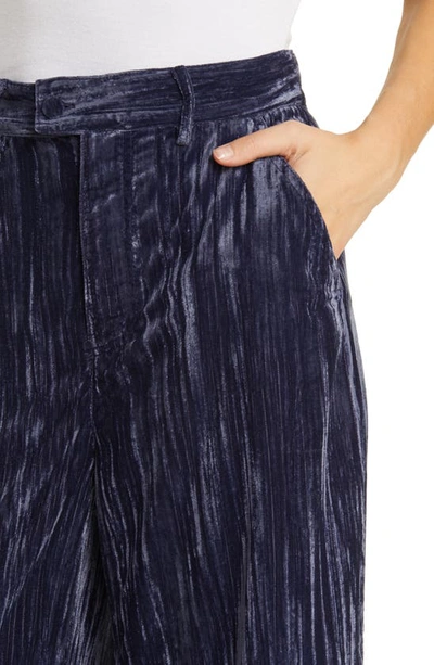 Shop Treasure & Bond Relaxed Fix Wide Leg Plissé Velvet Pants In Navy Blazer