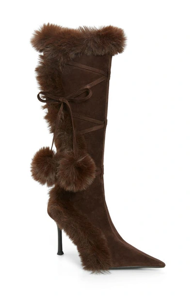 Shop Jeffrey Campbell Fluffmeknot Pointed Toe Boot In Brown Suede Combo