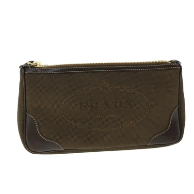 Shop Prada Brown Canvas Clutch Bag ()