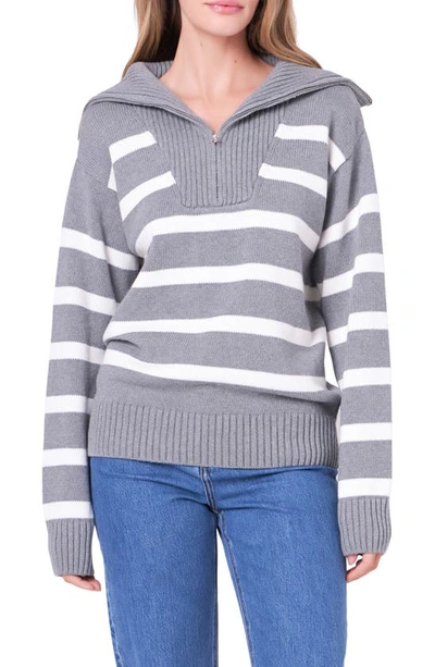 Shop English Factory Stripe Cotton Zip Pullover In Heather Grey/ White