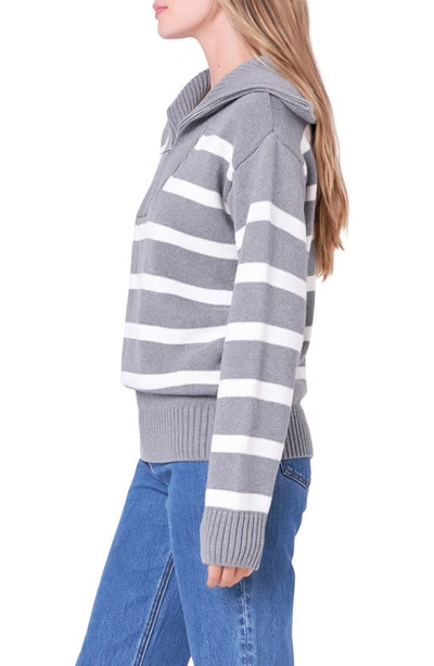Shop English Factory Stripe Cotton Zip Pullover In Heather Grey/ White