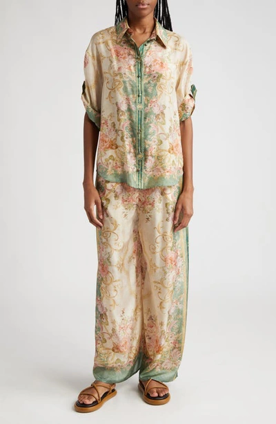 Shop Zimmermann August Placement Print Silk Shirt In Khaki Floral