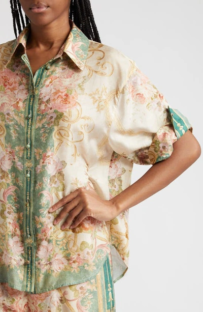 Shop Zimmermann August Placement Print Silk Shirt In Khaki Floral