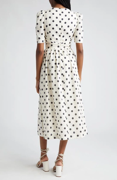 Shop Zimmermann Polka Dot Pleated Linen Midi Dress In Cream/ Black Dot