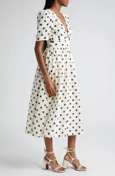 Shop Zimmermann Polka Dot Pleated Linen Midi Dress In Cream/ Black Dot