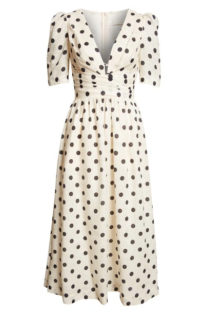 Shop Zimmermann Polka Dot Pleated Linen Midi Dress In Cream/ Black Dot