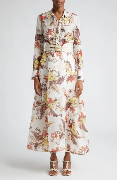 Shop Zimmermann Matchmaker Floral Print Linen & Silk Maxi Skirt In Ivory Tropical Floral
