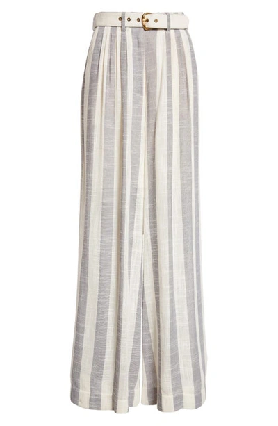 Shop Zimmermann Matchmaker Stripe Belted Pintuck Wide Leg Pants In Blue/ Cream Stripe