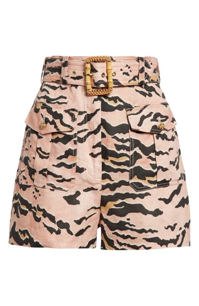 Shop Zimmermann Matchmaker Tiger Stripe Belted High Waist Linen Safari Shorts In Pink Tiger