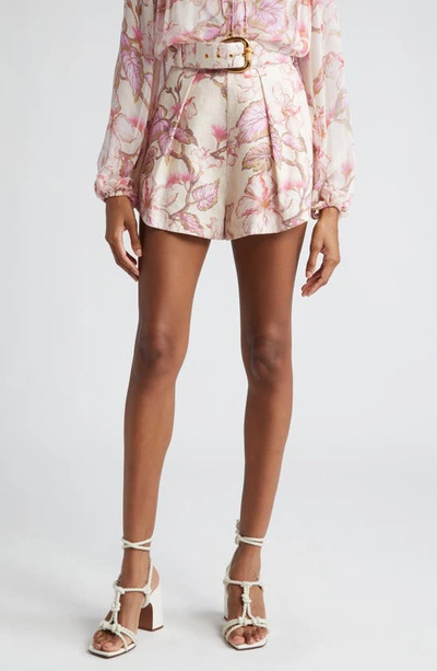 Shop Zimmermann Matchmaker Floral Belted Linen Shorts In Coral Hibiscus