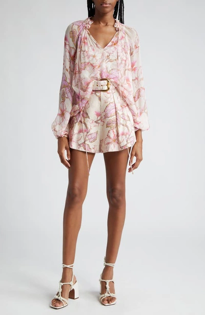 Shop Zimmermann Matchmaker Floral Belted Linen Shorts In Coral Hibiscus