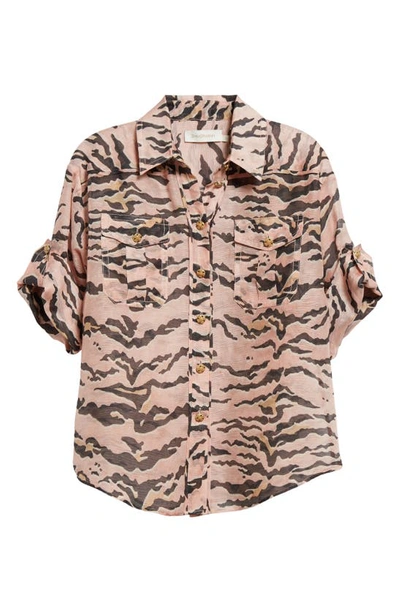 Shop Zimmermann Matchmaker Tiger Stripe Linen & Silk Button-up Shirt In Pink Tiger