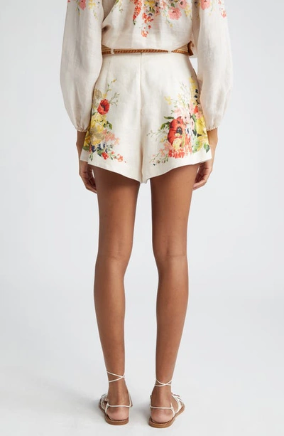 Shop Zimmermann Alight High Waist Linen Tuck Shorts In Ivory Floral