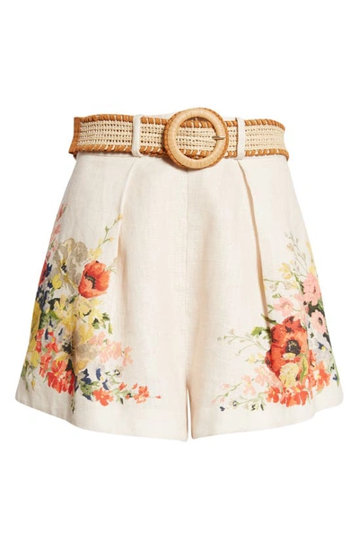 Shop Zimmermann Alight High Waist Linen Tuck Shorts In Ivory Floral