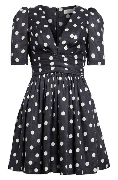 Shop Zimmermann Polka Dot Pleated Linen Minidress In Black/ Cream Dot